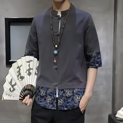Men's Kung Fu Shirt,Traditional Chinese Hanfu Tang Suit Coat with Silk Printing,Half Sleeve Top for Casual Summer Outfits A-Gray in Saudi Arabia