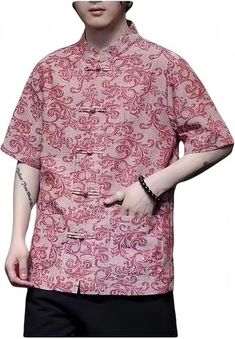 Men's Kung Fu Shirt,Traditional Chinese Hanfu Tang Suit Coat with Silk Printing,Half Sleeve Top for Casual Summer Outfits in Saudi Arabia