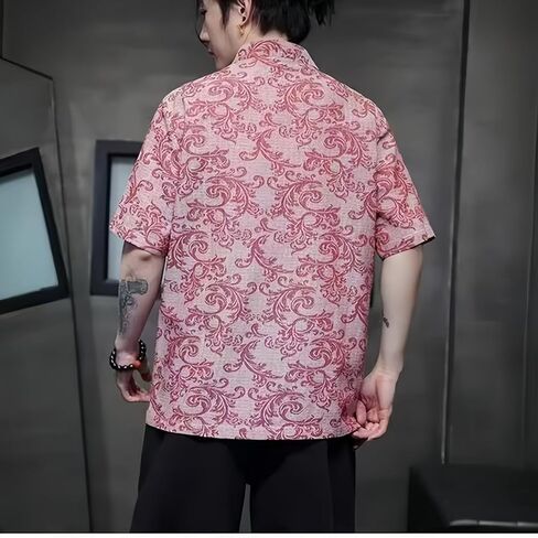 Men's Kung Fu Shirt,Traditional Chinese Hanfu Tang Suit Coat with Silk Printing,Half Sleeve Top for Casual Summer Outfits in Saudi Arabia