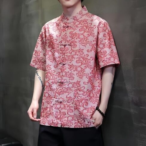 Men's Kung Fu Shirt,Traditional Chinese Hanfu Tang Suit Coat with Silk Printing,Half Sleeve Top for Casual Summer Outfits in Saudi Arabia
