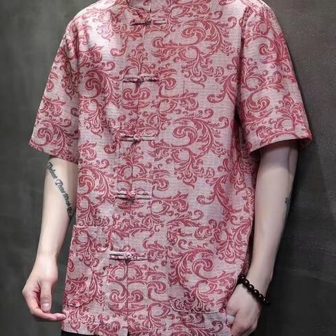 Men's Kung Fu Shirt,Traditional Chinese Hanfu Tang Suit Coat with Silk Printing,Half Sleeve Top for Casual Summer Outfits in Saudi Arabia