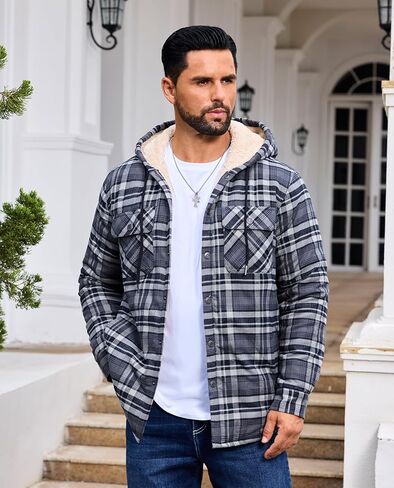 EKLENTSON Mens Winter Jacket Sherpa Lined Flannel Shirt Heavy Warm Coat Fleece Casual Button Down Cotton Plaid Hoodies in Saudi Arabia
