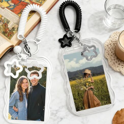 2Pcs Cute Black and White Photo Album Keychains, Cute Photocard Holder Supplies for Bus Student Card Photo Protector Personalized Trendy Storage Decorations in Saudi Arabia