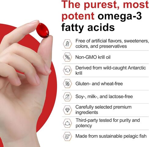 Antarctic Krill Oil - Wild Caught Omega 3 Krill Oil 500 mg with EPA, DHA, Astaxanthin & Phospholipids - Brain, Heart, Joint Support, Non-GMO, Gluten-Free, Antioxidant, Sustainably Sourced, 60 Softgels in Saudi Arabia