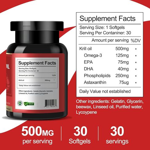 Antarctic Krill Oil - Wild Caught Omega 3 Krill Oil 500 mg with EPA, DHA, Astaxanthin & Phospholipids - Brain, Heart, Joint Support, Non-GMO, Gluten-Free, Antioxidant, Sustainably Sourced, 60 Softgels in Saudi Arabia