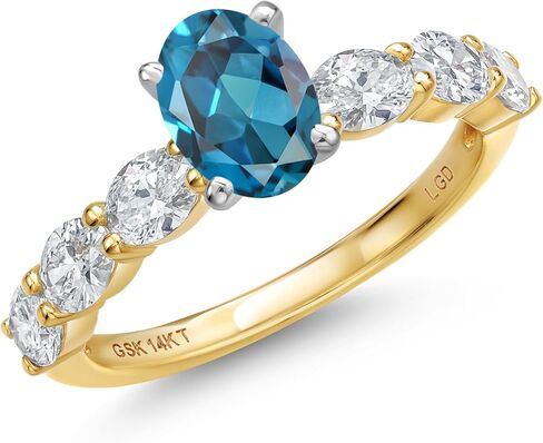 Gem Stone King 14K Two Tone Gold Gemstone Birthstone and Lab Grown Diamond Engagement Ring For Women | Oval Cut 7X5MM and 4X3MM | Wedding Anniversary Promise Gold Ring | Available in Size 5 to 9 in Saudi Arabia