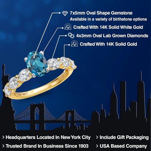 Gem Stone King 14K Two Tone Gold Gemstone Birthstone and Lab Grown Diamond Engagement Ring For Women | Oval Cut 7X5MM and 4X3MM | Wedding Anniversary Promise Gold Ring | Available in Size 5 to 9 in Saudi Arabia