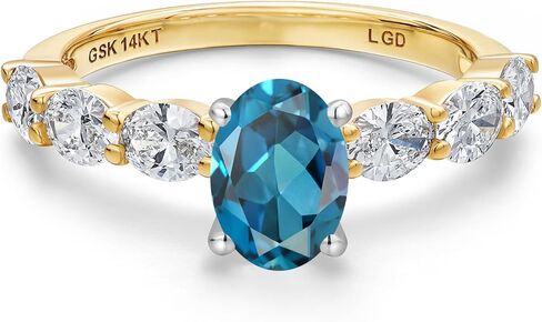 Gem Stone King 14K Two Tone Gold Gemstone Birthstone and Lab Grown Diamond Engagement Ring For Women | Oval Cut 7X5MM and 4X3MM | Wedding Anniversary Promise Gold Ring | Available in Size 5 to 9 in Saudi Arabia