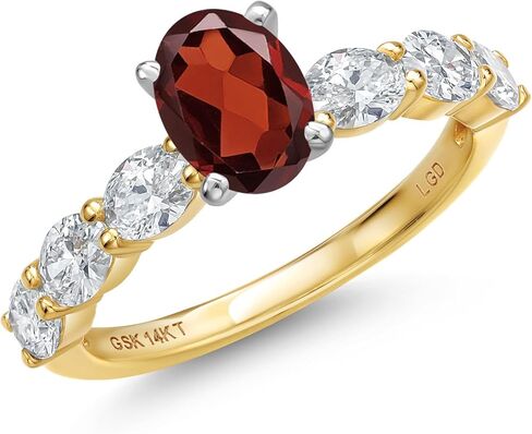 Gem Stone King 14K Two Tone Gold Gemstone Birthstone and Lab Grown Diamond Engagement Ring For Women | Oval Cut 7X5MM and 4X3MM | Wedding Anniversary Promise Gold Ring | Available in Size 5 to 9 in Saudi Arabia
