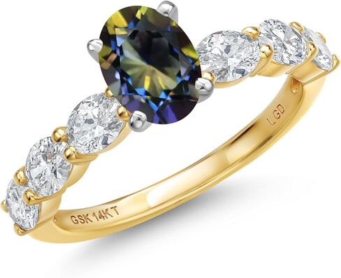 Gem Stone King 14K Two Tone Gold Gemstone Birthstone and Lab Grown Diamond Engagement Ring For Women | Oval Cut 7X5MM and 4X3MM | Wedding Anniversary Promise Gold Ring | Available in Size 5 to 9 in Saudi Arabia