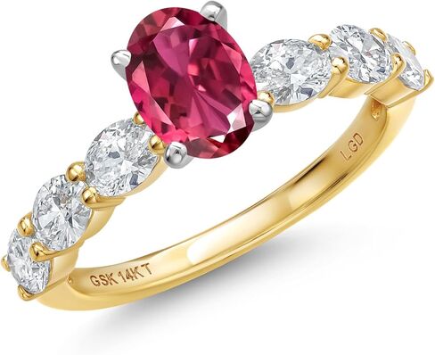 Gem Stone King 14K Two Tone Gold Gemstone Birthstone and Lab Grown Diamond Engagement Ring For Women | Oval Cut 7X5MM and 4X3MM | Wedding Anniversary Promise Gold Ring | Available in Size 5 to 9 in Saudi Arabia