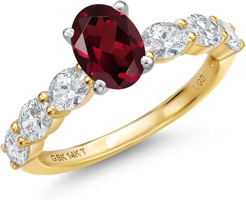 Gem Stone King 14K Two Tone Gold Gemstone Birthstone and Lab Grown Diamond Engagement Ring For Women | Oval Cut 7X5MM and 4X3MM | Wedding Anniversary Promise Gold Ring | Available in Size 5 to 9 in Saudi Arabia