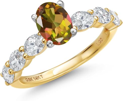 Gem Stone King 14K Two Tone Gold Gemstone Birthstone and Lab Grown Diamond Engagement Ring For Women | Oval Cut 7X5MM and 4X3MM | Wedding Anniversary Promise Gold Ring | Available in Size 5 to 9 in Saudi Arabia