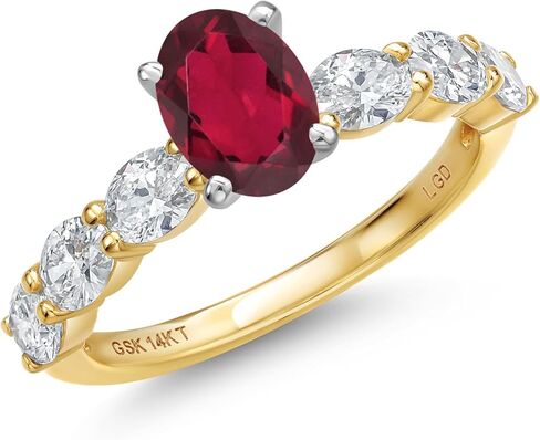 Gem Stone King 14K Two Tone Gold Gemstone Birthstone and Lab Grown Diamond Engagement Ring For Women | Oval Cut 7X5MM and 4X3MM | Wedding Anniversary Promise Gold Ring | Available in Size 5 to 9 in Saudi Arabia