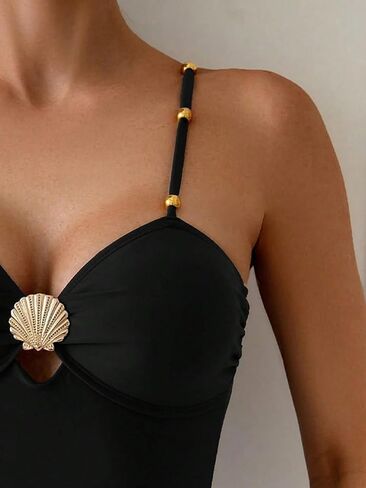 Elegant Women's Backless Spaghetti Strap One-Piece Swimsuit Solid Monokini for Beach Vacation in Saudi Arabia