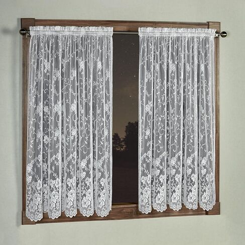 Luxury Sheer Polyester Encanting Roses Lace Window Treatment | Flower 63L Panel Pair | Timeless Classic Traditional | White | Elegance Charm | Rod Pocket Curtains | Machine Washable | Light Filtering in Kuwait