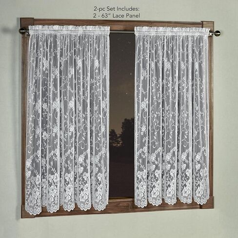 Luxury Sheer Polyester Encanting Roses Lace Window Treatment | Flower 63L Panel Pair | Timeless Classic Traditional | White | Elegance Charm | Rod Pocket Curtains | Machine Washable | Light Filtering in Kuwait