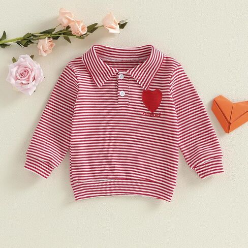 Suolongsama Toddler Baby Boy Valentines Outfit Stripe Heart Embroidery Pullover Sweatshirt Long Sleeve Shirt Winter Clothes in Saudi Arabia