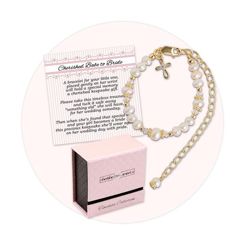 14K Gold-Plated Cherished Babe to Bride Cross Bracelet Gift for Infant Baby Baptism, Christening or Dedication with Cultured Pearls in Kuwait