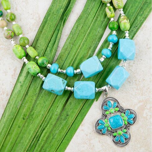 Barse Jewelry Zion Lime Green and Blue Turquoise and Sterling Silver Statement Necklace in Saudi Arabia