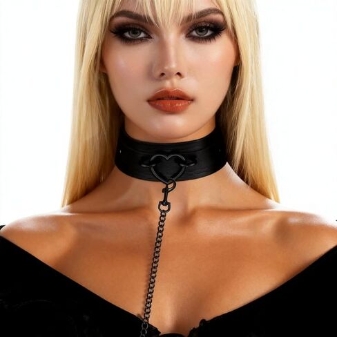 طوق أسود على شكل قلب للنساء، مجموعة سلسلة جسم على شكل قلادة من جلد البولي يوريثان لملحقات Punk Emo Y2K التأثيرية in Kuwait