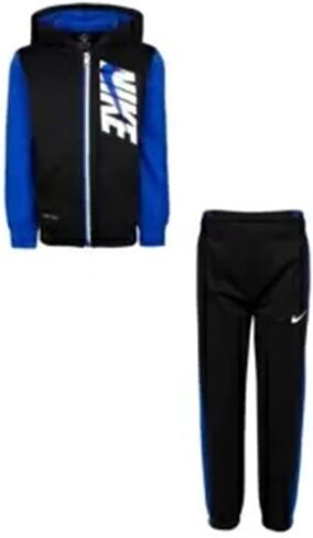 طقم جاكيت وبنطال Nike Colorblocked Therma للأولاد مقاس 6، اللون: أسود/أزرق/أبيض in Kuwait