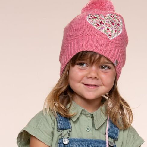 Girls Knit Pompom Beanie with Floral Heart Applique, Soft Fleece-Lined, Unique Design, Premium Quality (Kids 1-6 Years) in Saudi Arabia