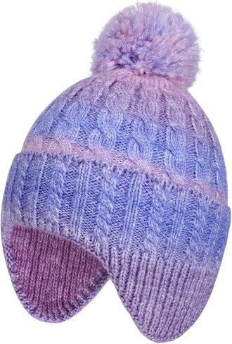 Girls Rainbow Beanie with Earflap,Kids Warm Pom Pom Twisted Knit Winter Hat Ski Skull Cap for Toddler Girls Age 3-8 in Kuwait