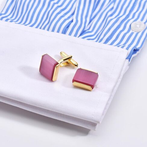 Rectangle Cat Eye Gemstone Cufflinks for Men Lady In Gift Case Natural Pink Gem Men's Cufflinks Jewelry for Wedding Anniversary Business Party Events Tuxedo Dress Shirt in Saudi Arabia