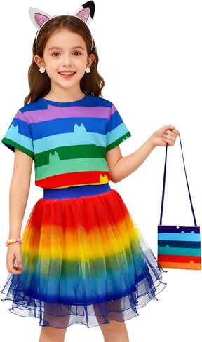 Rainbow Tutu Dress for Toddler Girls Coat Tshirt Skirt Outfit Set with Headband and Bag Kids Halloween Outfits in Saudi Arabia