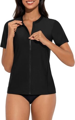 Bonneuitbebe قمصان سباحة نسائية بأكمام قصيرة وسحاب أمامي من Rashguard ملابس سباحة بعامل حماية من الأشعة فوق البنفسجية 50+ ملابس سباحة بدون حمالة صدر وجيب in Kuwait