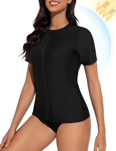 Bonneuitbebe قمصان سباحة نسائية بأكمام قصيرة وسحاب أمامي من Rashguard ملابس سباحة بعامل حماية من الأشعة فوق البنفسجية 50+ ملابس سباحة بدون حمالة صدر وجيب in Kuwait
