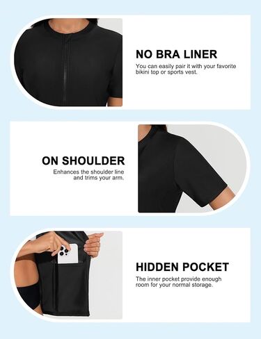 Bonneuitbebe قمصان سباحة نسائية بأكمام قصيرة وسحاب أمامي من Rashguard ملابس سباحة بعامل حماية من الأشعة فوق البنفسجية 50+ ملابس سباحة بدون حمالة صدر وجيب in Kuwait
