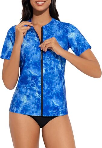 Bonneuitbebe قمصان سباحة نسائية بأكمام قصيرة وسحاب أمامي من Rashguard ملابس سباحة بعامل حماية من الأشعة فوق البنفسجية 50+ ملابس سباحة بدون حمالة صدر وجيب in Kuwait