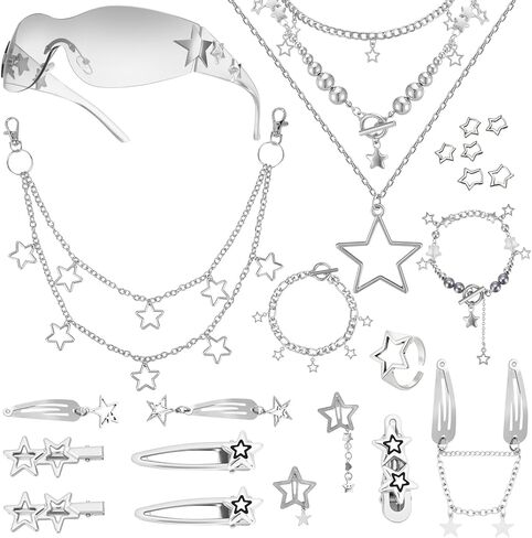 Y2K Accessories Set Included Star Y2k Silver Necklace Grunge Layered Necklace Sunglasses Star Hair Clip Silver Hair Clips Star Bracelet Star Ring Vintage Jewelry Set in Saudi Arabia