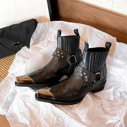 Western Cowboy Boots For Men with Steel Toe & Silver Toe Cap Studded Ankle Strap Pull-On Work Boots Embossed Print Low Top for Wedding Party & Casual Wear in Kuwait
