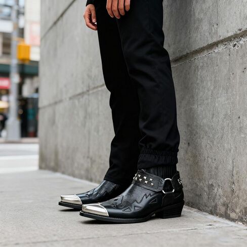 Western Cowboy Boots For Men with Steel Toe & Silver Toe Cap Studded Ankle Strap Pull-On Work Boots Embossed Print Low Top for Wedding Party & Casual Wear in Kuwait