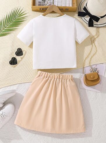 Girls 2-Piece Outfit Set Short Sleeve Letter Graphic Crop Top and Pocket Skirt Casual Summer Clothing Set in Saudi Arabia