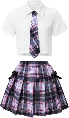 SOLY HUX Girl's Plaid Skirt Set 3 Piece Outfit Uniform Short Sleeve Shirts Pleated Skirts with Bow Tie Preppy Clothes in Kuwait