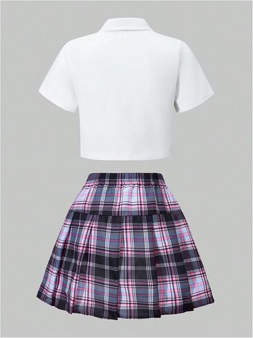 SOLY HUX Girl's Plaid Skirt Set 3 Piece Outfit Uniform Short Sleeve Shirts Pleated Skirts with Bow Tie Preppy Clothes in Kuwait