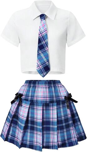 SOLY HUX Girl's Plaid Skirt Set 3 Piece Outfit Uniform Short Sleeve Shirts Pleated Skirts with Bow Tie Preppy Clothes in Kuwait