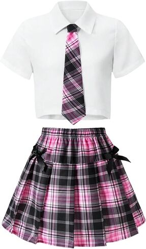 SOLY HUX Girl's Plaid Skirt Set 3 Piece Outfit Uniform Short Sleeve Shirts Pleated Skirts with Bow Tie Preppy Clothes in Kuwait