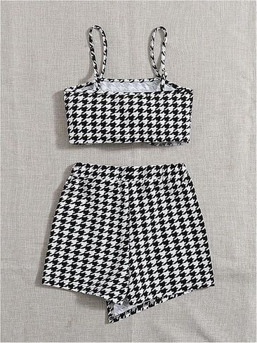 Milumia الفتيات 2 قطعة ملابس Houndstooth طباعة كامي المحاصيل الأعلى ومجموعات skorts ملفوفة in Saudi Arabia