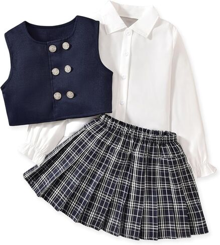 Girls Button Down Vest Long Sleeve Shirt Plaid Pleated Skirt Set Size 6-12 in Saudi Arabia