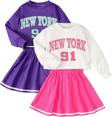 Girls Fall Winter Outfits 4 Piece Clothes Long Sleeve Sweatshirt and Pleated Skirt Set for Kids Teen Size 7-8Years in Saudi Arabia