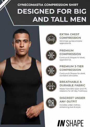 INSHAPE Men’s Compression Shirt Slimming Shapewear Tank – Chest & Abdomen Control Undershirt for Gynecomastia in Saudi Arabia