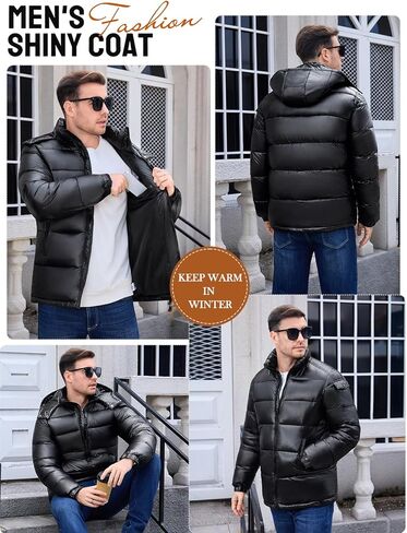 Men's Winter Puffer Jacket - Waterproof Shiny Quilted Coat Warm Thicken Ski Parka Insulated Outerwear with Hood in Saudi Arabia