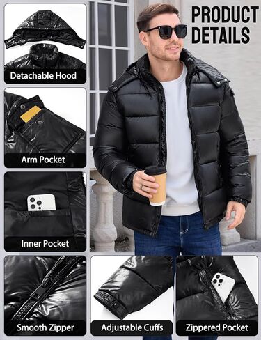 Men's Winter Puffer Jacket - Waterproof Shiny Quilted Coat Warm Thicken Ski Parka Insulated Outerwear with Hood in Saudi Arabia