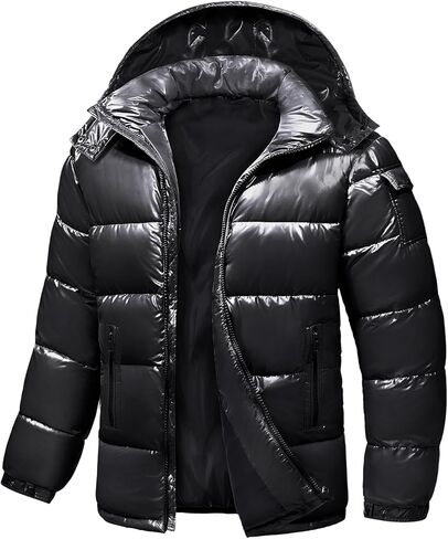 Men's Winter Puffer Jacket - Waterproof Shiny Quilted Coat Warm Thicken Ski Parka Insulated Outerwear with Hood in Saudi Arabia