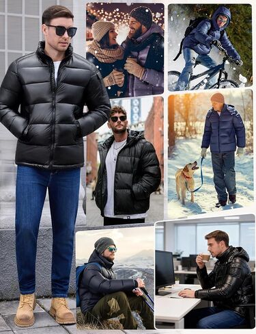 Men's Winter Puffer Jacket - Waterproof Shiny Quilted Coat Warm Thicken Ski Parka Insulated Outerwear with Hood in Saudi Arabia